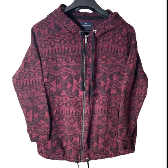American Eagle Knit Hoodie Jacket Red Black Aztec Zip Y2K Boho Hippie Beach 90s - Picture 1 of 10
